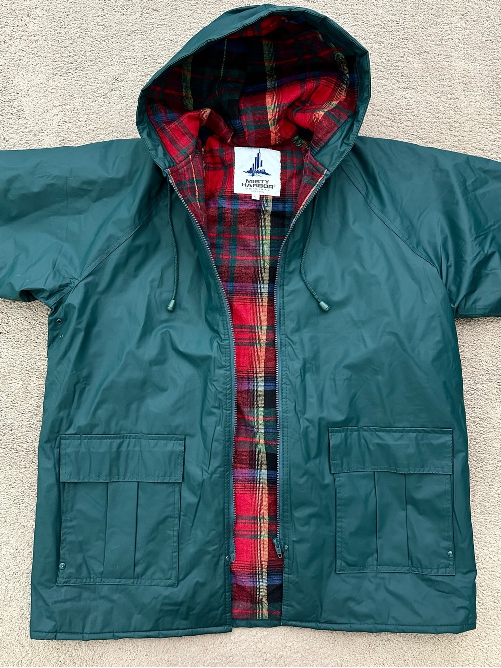 Vintage Misty Harbor Fall Green Rain Jacket / Wind Breaker Flannel Plaid Lining